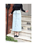 Boydan Düğmeli Körük Cepli Tesettür Etek Antik Tozlu Mavi-632