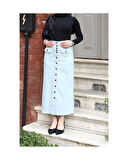 Boydan Düğmeli Körük Cepli Tesettür Etek Antik Tozlu Mavi-632