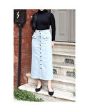 Boydan Düğmeli Körük Cepli Tesettür Etek Antik Tozlu Mavi-632