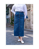 Boydan Düğmeli Körük Cepli Tesettür Etek Koyu Mavi-626