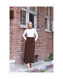 Boydan Düğmeli Körük Cepli Tesettür Etek Kahverengi-641