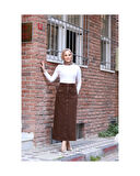 Boydan Düğmeli Körük Cepli Tesettür Etek Kahverengi-641