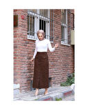 Boydan Düğmeli Körük Cepli Tesettür Etek Kahverengi-641