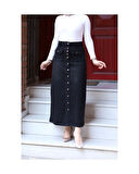 Boydan Düğmeli Körük Cepli Tesettür Etek Siyah-407