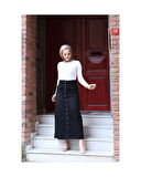 Boydan Düğmeli Körük Cepli Tesettür Etek Siyah-407