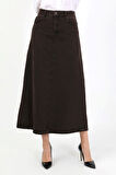 YÜKSEK BEL A KESİM DENİM ETEK KAHVERENGİ