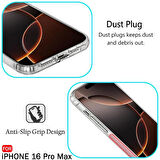 iPhone 16 Pro Max Kılıf Şeffaf Silikon / Kamera Korumalı / Şarj Yeri Tıpalı / 