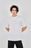 Unisex Jakar Kumaş Rahat Kol T-Shirt - Beyaz