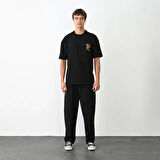 Unisex Bisiklet Yaka Baskılı Oversize T-Shirt - Siyah