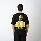 Unisex Bisiklet Yaka Baskılı Oversize T-Shirt - Siyah