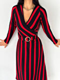 Kadın Akrilik Kumaş Kruvaze Yaka Kemerli Uzun Kollu çizgili Midi Boy Elbise