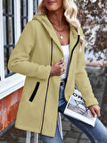 Kadın Uzun Kollu Kapşonlu önden Fermuarlı Uzun üç Iplik Ceket