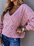 Kadın Uzun Kollu V Yakalı Kalpli Salaş Triko Bluz