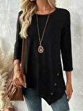 Kadın Uzun Kollu Bisiklet Yaka Etek Ucu Asimetrik Kesim Düğme Detaylı Viskon Bluz