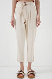 6660 Kemerli Keten Pantolon - Krem