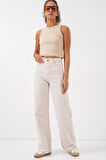 Bol Paça Yüksek Bel Palazzo Kot Pantolon 6656 - Ekru