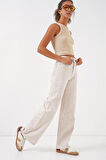 Bol Paça Yüksek Bel Palazzo Kot Pantolon 6656 - Ekru