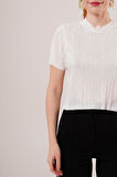 Fitilli Kısa Kollu Parlak Beyaz Bluz