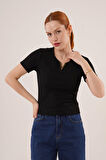 Kısa Kollu Yaka Detaylı Kaşkorse Siyah Bluz