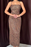 Leopar Sırt Detaylı Leopar Desenli Saten Elbise