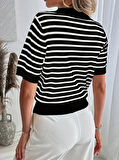 Kadın Kısa Kol Polo Yaka çizgi Desen Triko Bluz
