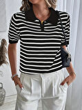 Kadın Kısa Kol Polo Yaka çizgi Desen Triko Bluz