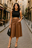 Kadınyüksek Bel Cep Ve Düğme Detay Fırsat ürün Midi Boy Deri Etek