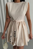 BALON ETEKLİ TASARIM KISA ELBİSE - Bej