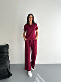 Osy Modal Yumuşak Dokulu Kumaş Kısa Kollu Yakalı T-shirt Pantalon Ikili Takım- Bordo