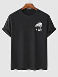 Baskılı Oversize Bisiklet Yaka T-shirt - Siyah