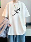 Baskılı Oversize Bisiklet Yaka T-shirt - Beyaz