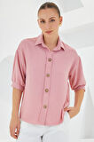 Pembe Kısa Kol Oversize Keten Gömlek 20240