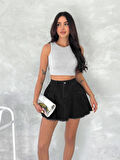 Şık Pileli Yazlık Mini Etekli Kot- Siyah