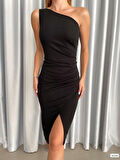 Kadın Dalgıç Krep Kumaş Tek Omuz Yırtmaç Detaylı Midi Boy Elbise