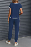 Kadın Kısa Kollu Kayık Yaka Viskon Iki Iplik Bluz Ve Bağcıklı Pantolon Ikili Takım