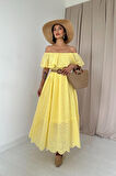 Sarı Omzu Lastikli Brode Elbise