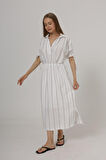 Beli Lastikli Elbise - Beyaz