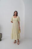 Sarı Süs Düğmeli Balon Kollu Elbise