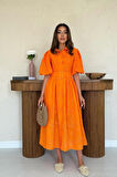 Oranj Pileli Balkon Elbise