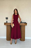 Bordo Halter Yaka Kloş Elbise