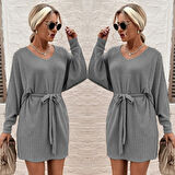 Kadın Uzun Kollu Fitilli şardonlu Detay Buklet Kuşaklı Yumoş Elbise