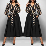 Kadın Uzun Kollu Kruvaze Yaka Dalgıç Krep Midi Boy Elbise