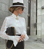 Kadın Uzun Kollu Hakim Yaka Ithal Dantel Detay Gömlek