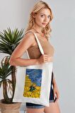 Sunflowers Stary Night Van Gogh Model Baskılı Günlük Kullanım Özel Baskı Bez Omuz Çantası Hediyelik