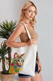 Pop Art Cat Model Baskılı Günlük Kullanım Özel Baskı Bez Omuz Çantası Hediyelik Tote Bag