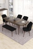 Eva Serisi 80x132 Açılabilir MDF Mutfak Masası Takımı Barok Desen Masa 4 Siyah Sandalye 1 Bench
