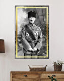 Atatürk Üniformalı Siyah Beyaz Cam Tablo Hediyelik Büyük Tablo Ev Ofis Dekoru