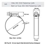 Mikalor 200 Adet W4 Hortum Kelepçesi 20-32 mm 304 Paslanmaz
