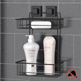 Tekno Tel EF-256 Yapışkanlı 2 Katlı Düz Banyo Rafı Siyah