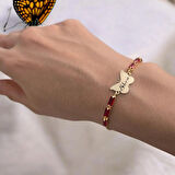 Özel Kelebek Figürlü 14 Ayar Altın Plakalı Kırmızı Taşlı Ebru Bilekliği